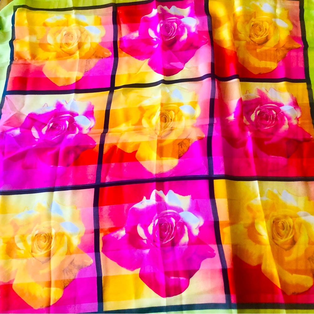 Art of the Scarf Tie Rack Scarf /Italy /Polyester  Roses  Design  Red 34 by 36"